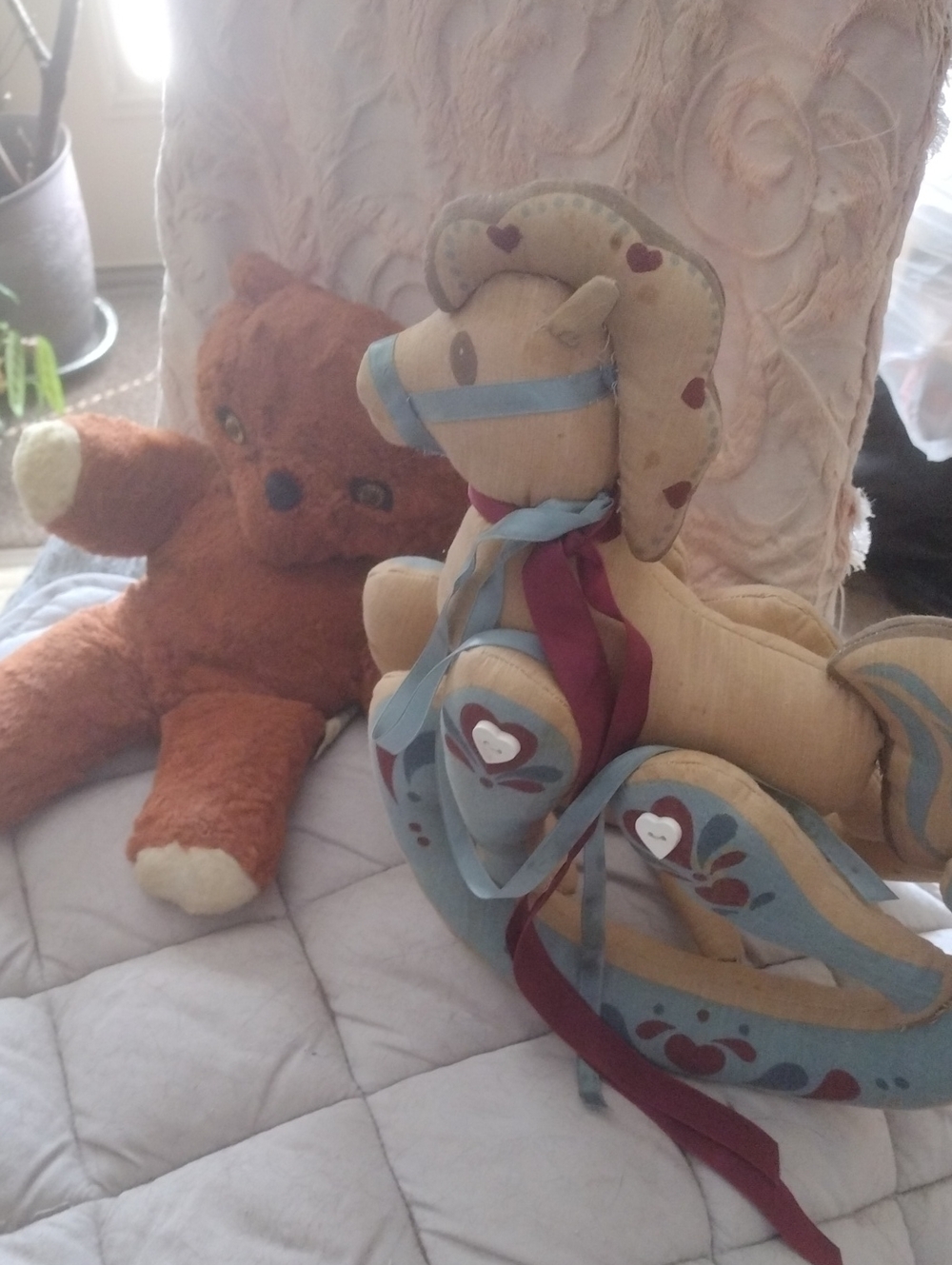 Beige and Blue Heart-Accent Rocking Horse Plush - Kids Toys